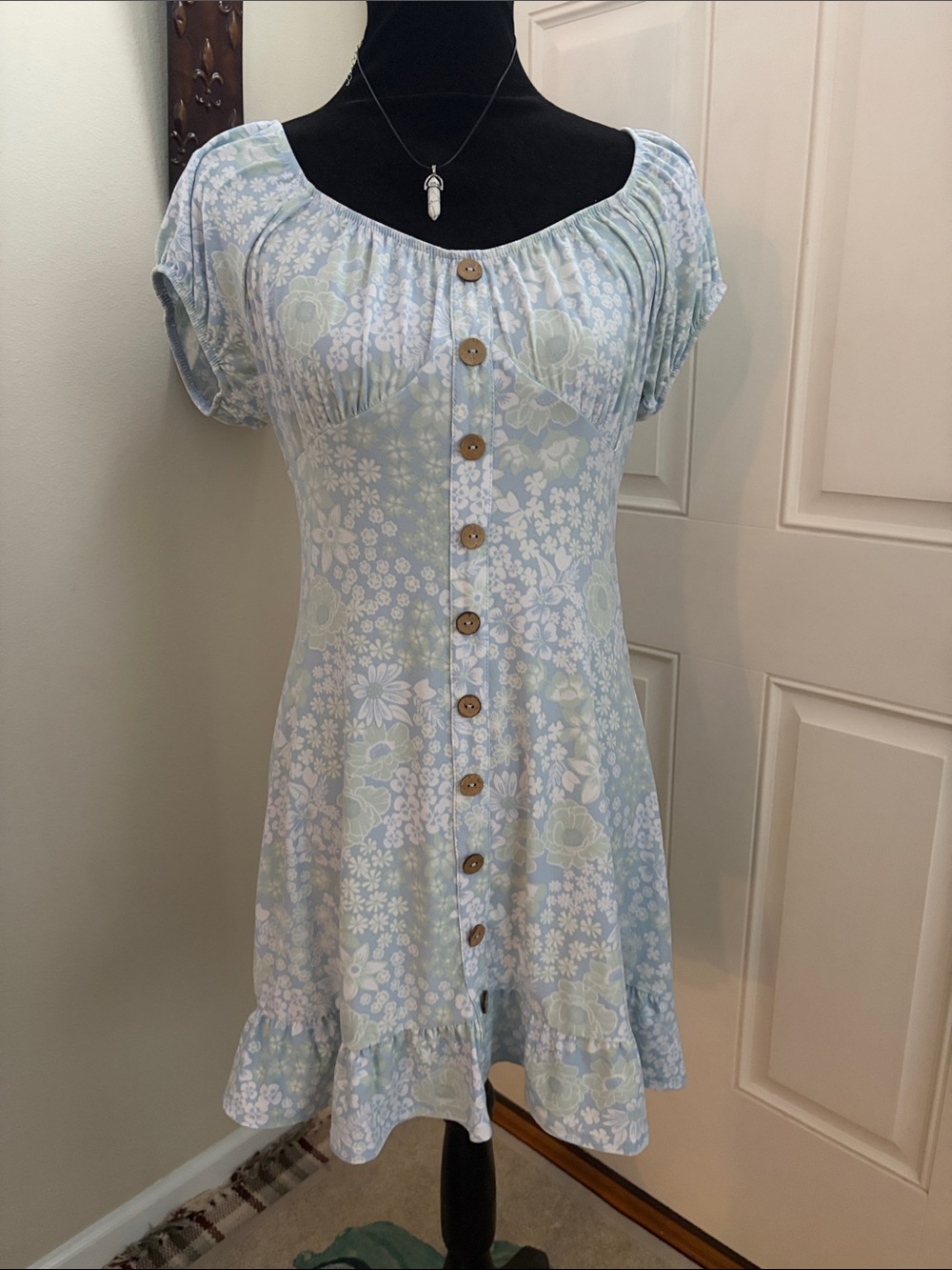 Derek Heart Light Blue Floral Button-Front Dress